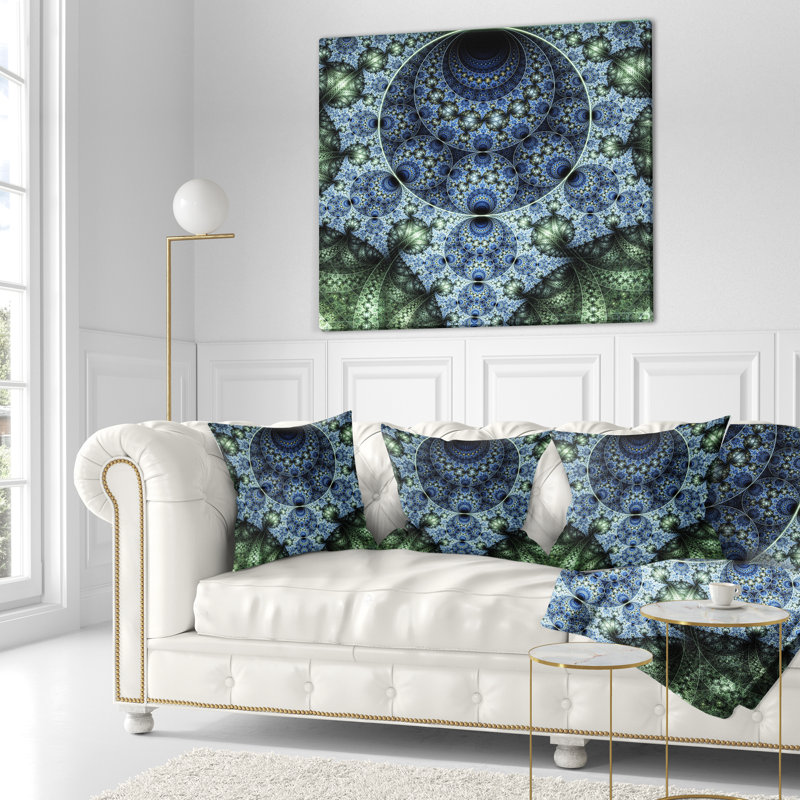 Art fractal en spirale bleu et vert - coussin abstrait imprimé, 16 po x 16 po, Carré