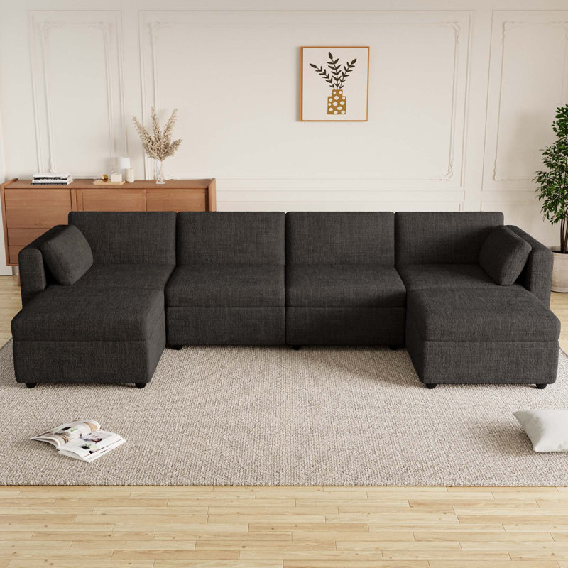 Modern Upholstered Arm Modular Sectional Sofa, 145" Wide Reversible Modular Corner Sectional With Two Ottoman, Black Chenille