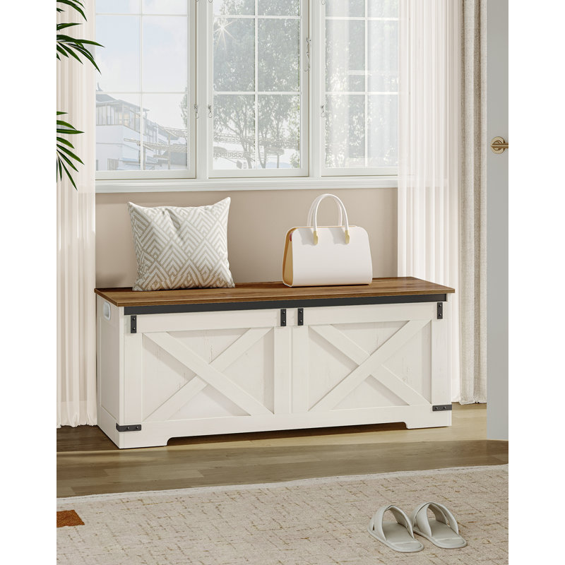 47.2" Storage Chest, Large Storage Trunk with 2 Hinges, Farmhouse Wooden Box Bench, Lift-Top Organizer Chest, Entryway Trunk for Bedroom, Living Room, White