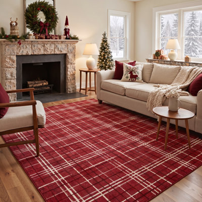 Tapis rustique à carreaux tartan rouge et blanc, à poils courts, lavable, pour salle à manger