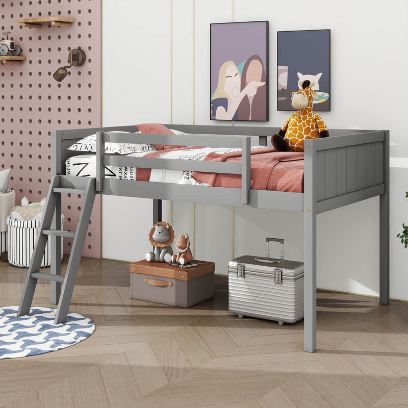Twin size Wood Low Loft Bed with Ladder, Gray