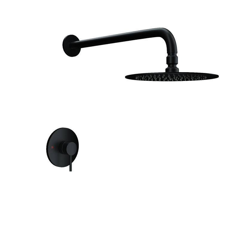 Système de douche de pluie mural rond 12 pouces avec commande à poignée simple Topcraft, Noir mat