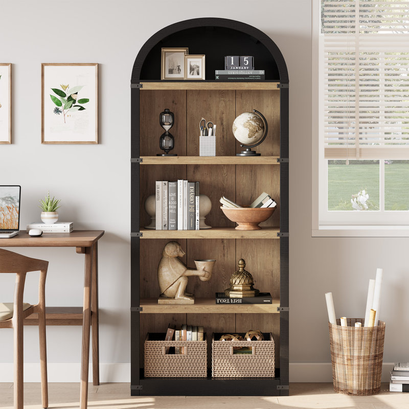 71.65" Tall Arched 5-Shelf Farmhouse Bookcase – Wooden Storage Rack for Home Office, Living Room (Black+Natural)