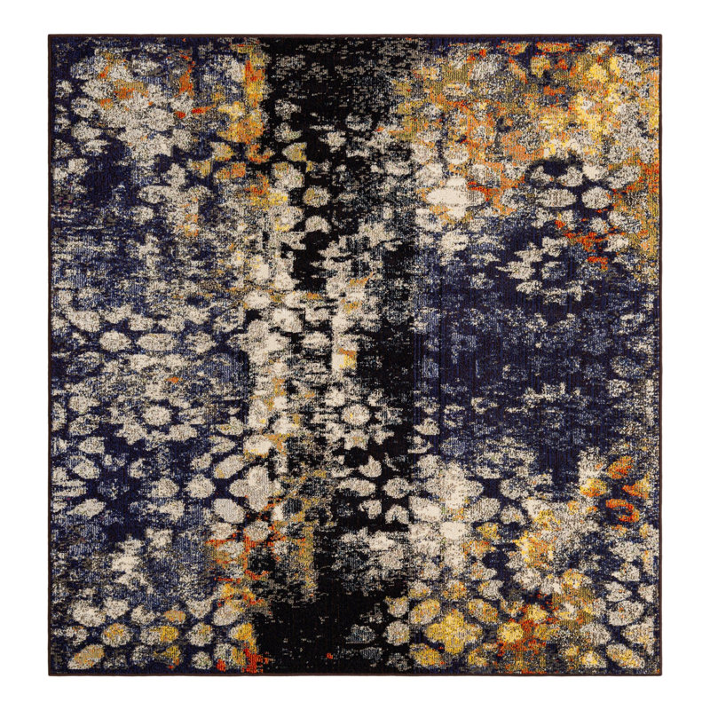 Tapis bleu marine à motif abstrait Dimonetta, Carré 6 pi