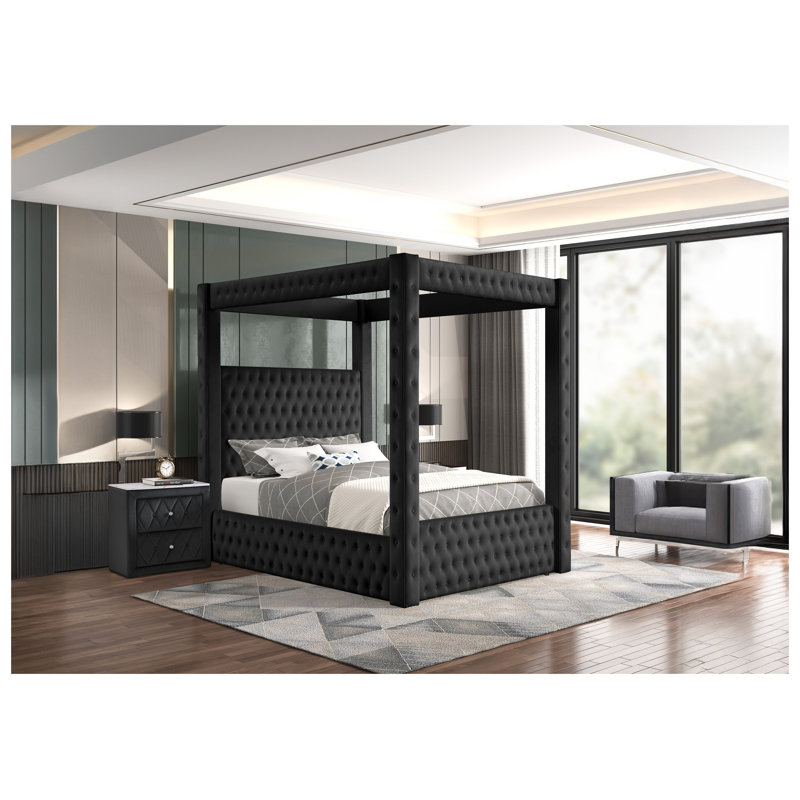 Luxury Velvet Canopy Bed with Button Tufting