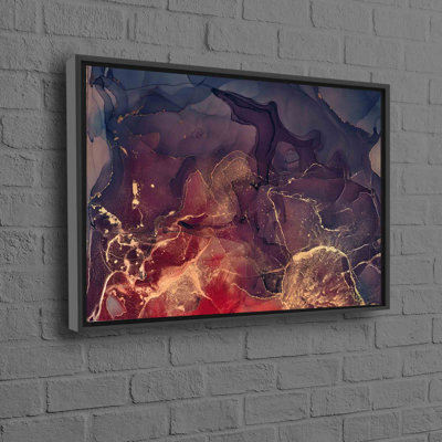 Art mural en toile de coton rouge et mauve infusé d'or avec art à l'encre alcool pour une décoration intérieure moderne