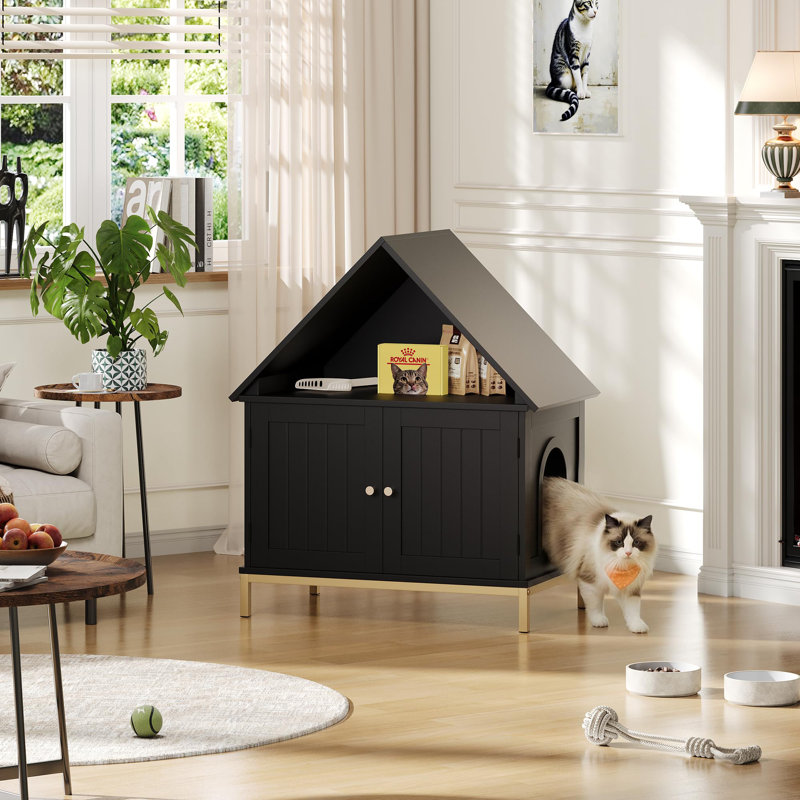 Enceinte de litière pour chat, armoire à litière cachée moderne avec portes doubles, meubles de chat ventilés pour la décoration intérieure