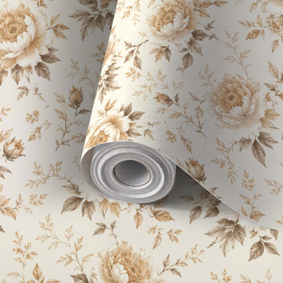 Papier auto-adhésif autocollant et amovible à motif floral beige, adhésif et amovible 24 po x 118 po (60 x 300 cm)