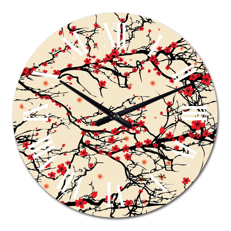 Cherry Tree Blossoms On Yellow - Traditional wall clock, Medium