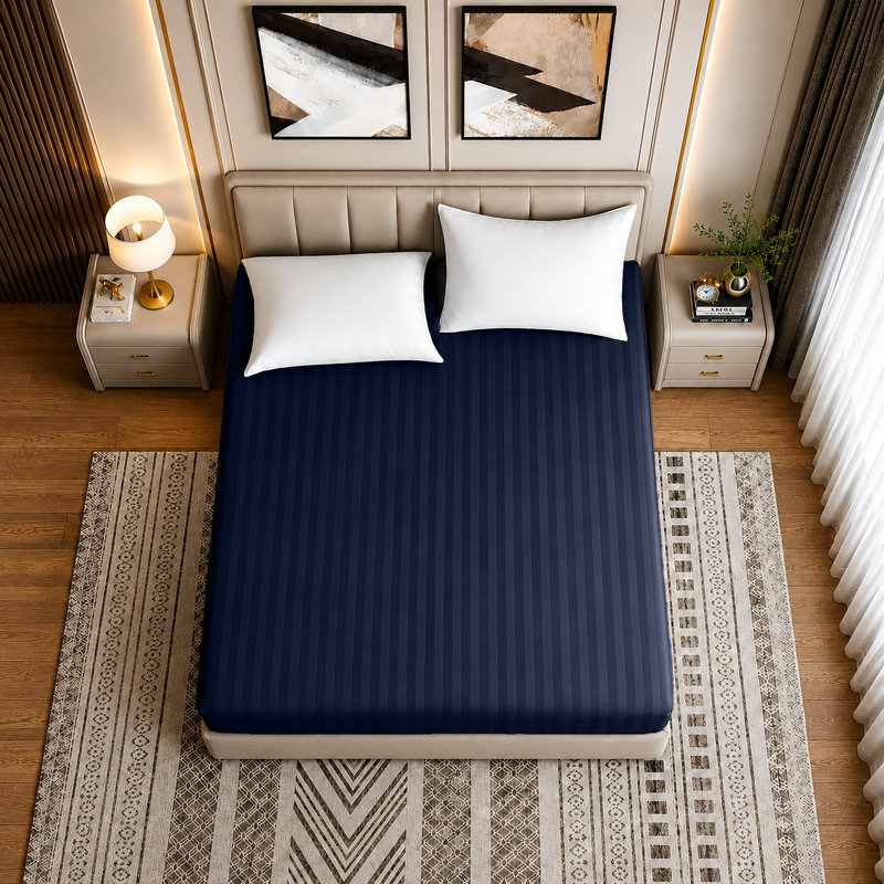 Luxury Striped Microfiber Fitted Sheet - 40 cm Deep Pocket, Ultra-Soft, Wrinkle-Resistant & Easy Car, Kingsize (5'), Navy
