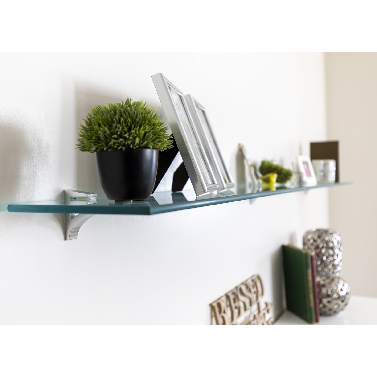 Earlham Tempered Glass Wall Mounted Bracket Shelf, Chrome