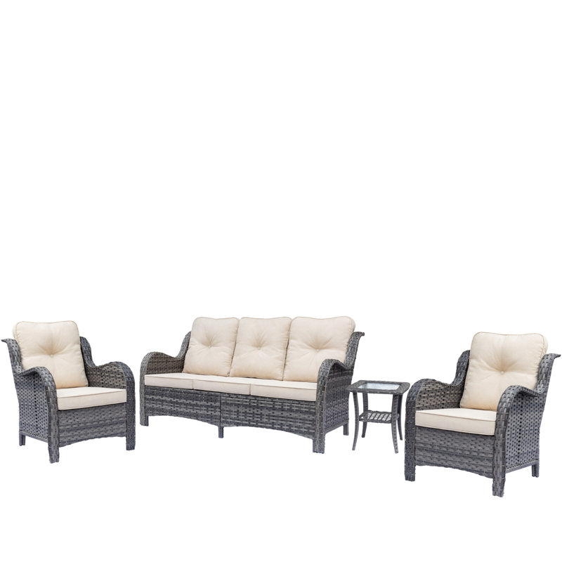 Ensemble de conversation de patio 4 pièces avec canapé 3 places et fauteuil, Gris