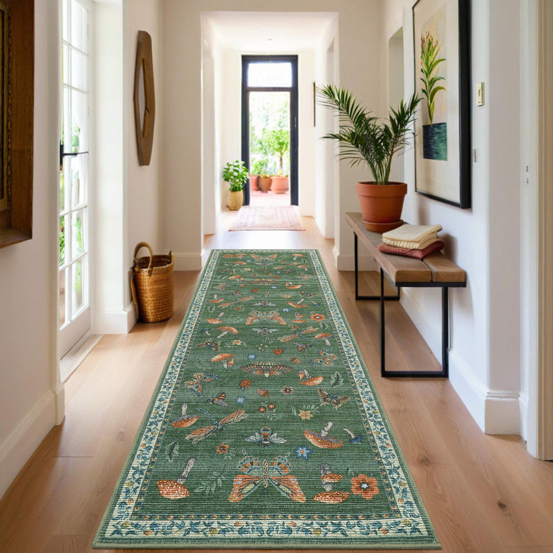 Floral Machine Washable Rug with Non-Slip Backing, Soft Thin Low Pile Non Shedding Floor Carpet, Indoor Foldable Printed Accent Mat for Living Room/Nursery/Bedroom