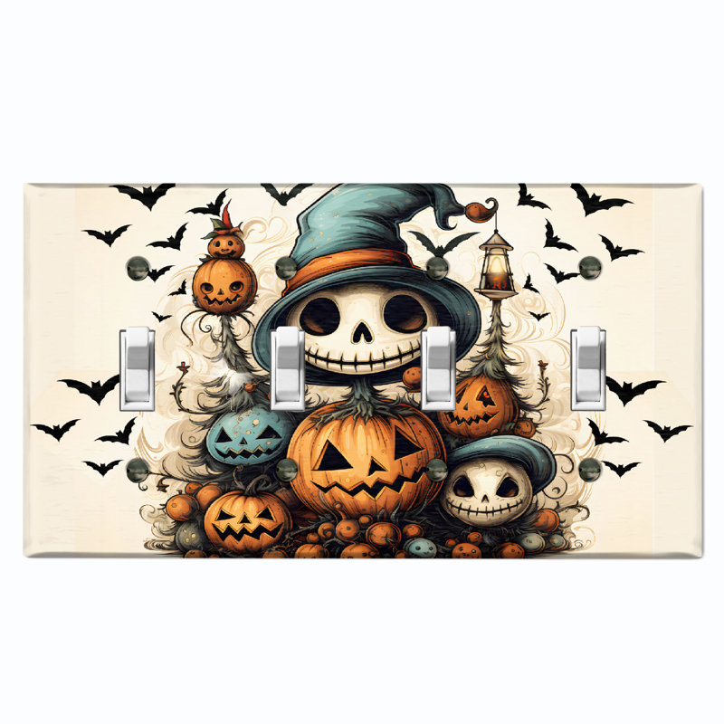 Metal Light Switch Plate Outlet Cover (Halloween Spooky Puppet Pumpkin Bats - Quadruple Toggle)