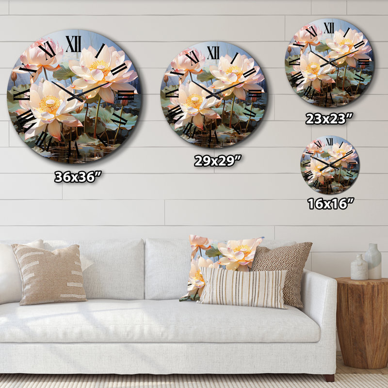 Blanc blanc jaune lotus romantique impression - horloge murale florale, Petit