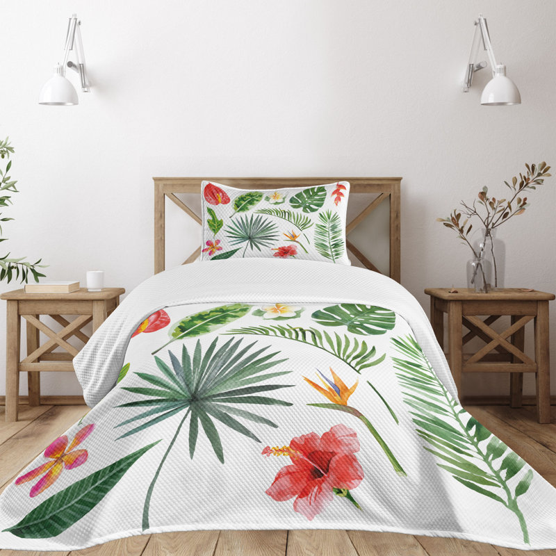 Ambesonne Plant Bedspread Set Heliconia Philodendron Multicolor, Twin Bedspread + 1 Standard Sham