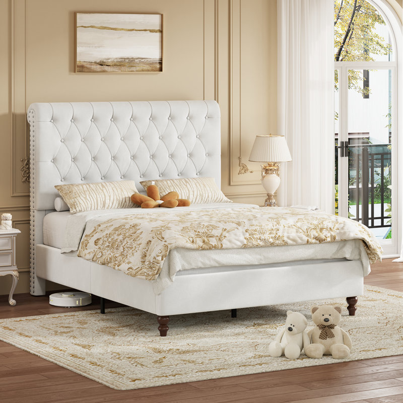Velvet Upholstered Bed With Deep Button-tufted Rolled-edge Headboard, Kingsize (5'), White