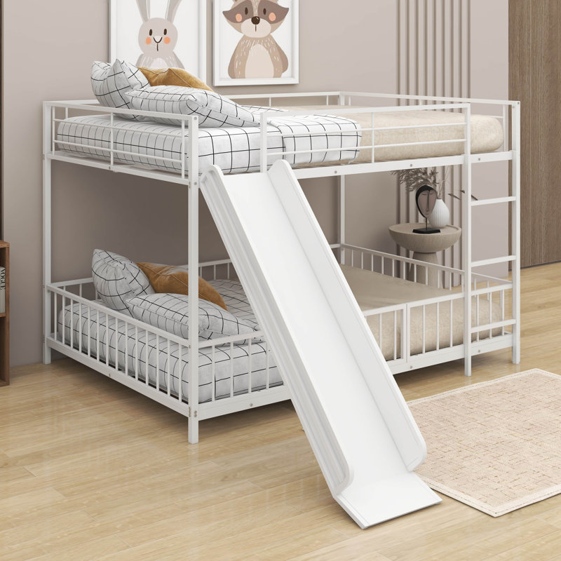 Metal Bunk Bed With Slide And Guardrails, Full Over Full, White