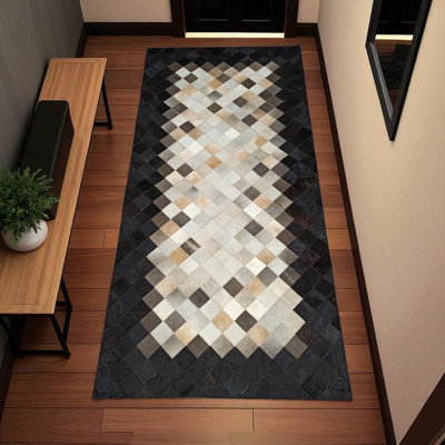 Black Border Cowhide Rug, Diamond Pattern Patchwork Leather Carpet, Natural Cowhide Area Rug, Handmade Rectangular Cowhide Runner_8 X 10 Ft