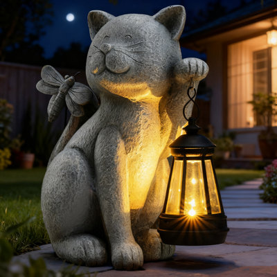 Solar Cat Garden Statue With Lantern - Waterproof Outdoor Decor For Yard, Patio, Garden Landscape Decoration