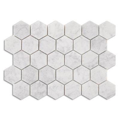 Lovdeco Carrara White Marble Stone 2 Inch Hexagon Italian Bianco Carrera Marble Mosaic Tile for Kitchen Wall Bathroom Shower Floor (5 Sheet, Honed)