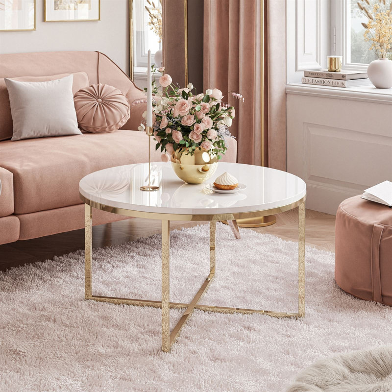 Elona Cross Legs Coffee Table, Gold, High Gloss White