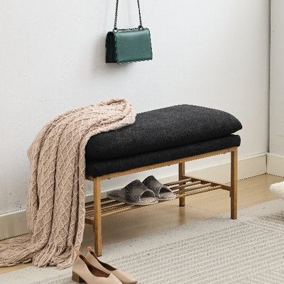 Modern Entryway Shoe Storage Bench With Linen Upholstery And Metal Legs, Black, For Bedroom, Living Room, Dining Room Upholstered Window Seat Legs Shelf, Entryway, Use