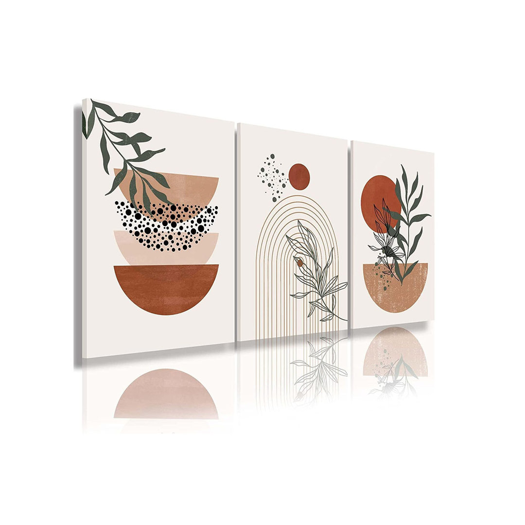 Sage Green Wall Posters & Prints, Green Boho Wall Art Set Of 3, Minimalist Framed Wall Art Geometric Line Leaf Sun Moon Beige Green Canvas Artwork Pai
