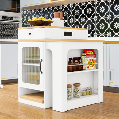 Kitchen Island with Extendable Dining Table, 2 Drawers, Power Outlet and Side Open Shelves