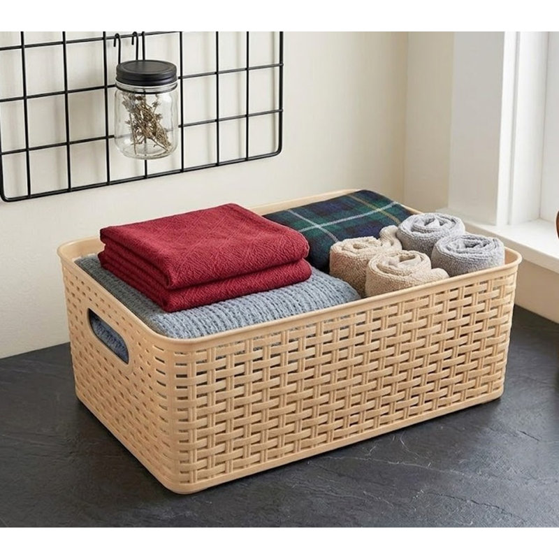 YBM Home Plastic Rattan-Style Storage Basket Organizer, 15.25" H x 10" W x 7.5" D, Beige, 1
