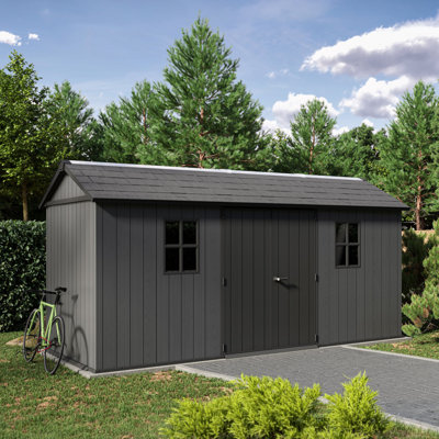 Keter Newton Plus Durable Resin Outdoor Storage Shed With Floor and Double Doors for Garden Patio Furniture and Tools, Graphite Grey (6 Available Sizes)
