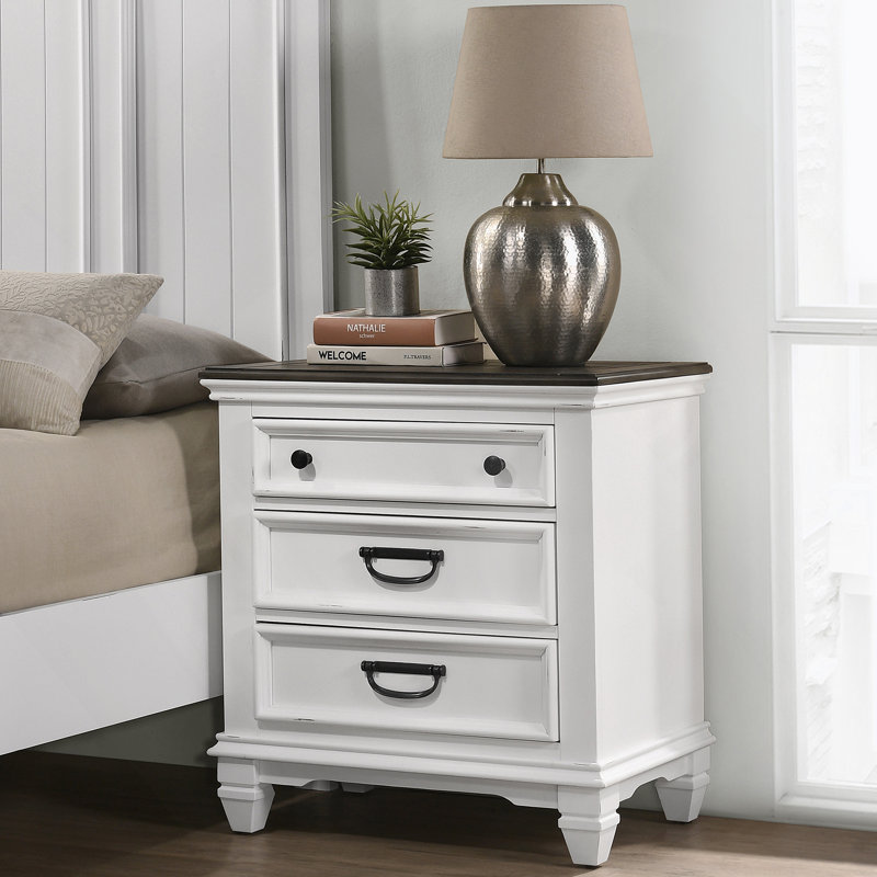 Table de chevet 3 tiroirs en bois, blanc vieilli et gris