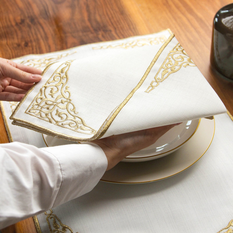 Embroidered White Linen Placemats with Gold Scrollwork – 24pc Elegant Table Mats Set for 6 Person | Islamic Decorative Dining Linens