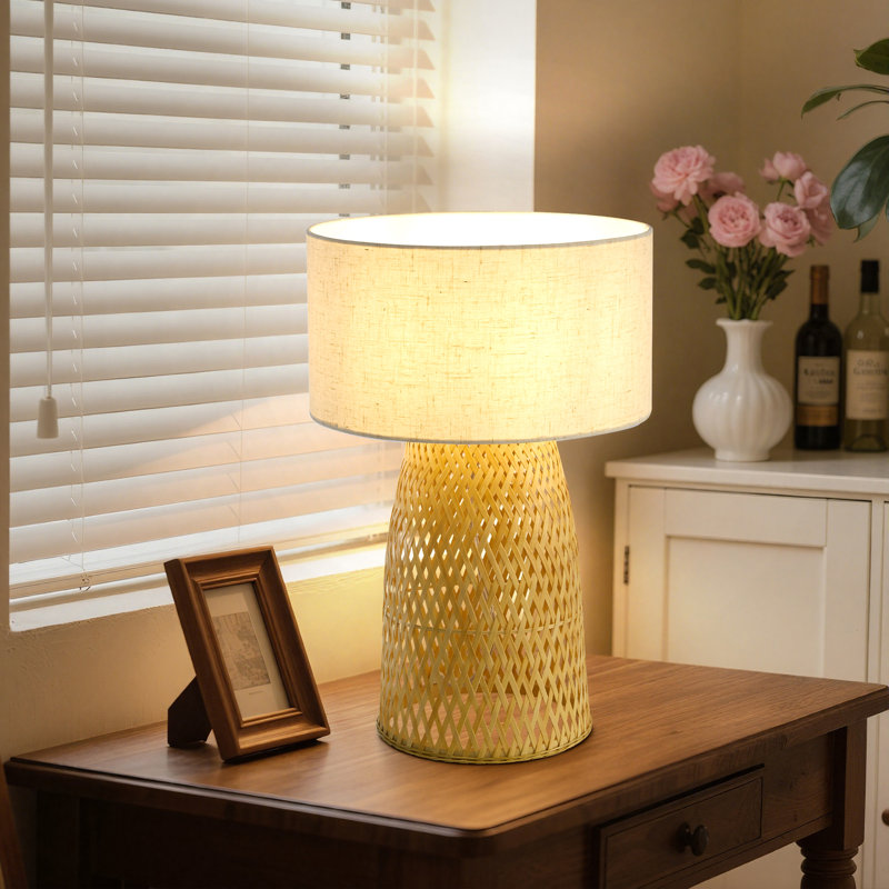 Ensemble de 1 lampe de table en bambou tissé de style Mid-Century, Beige