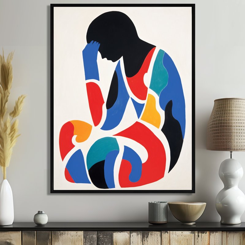 The Thinker Retro Minimal - Abstract Collages, art mural, Toile noire avec cadre flottant, H 40 po x l 30 po