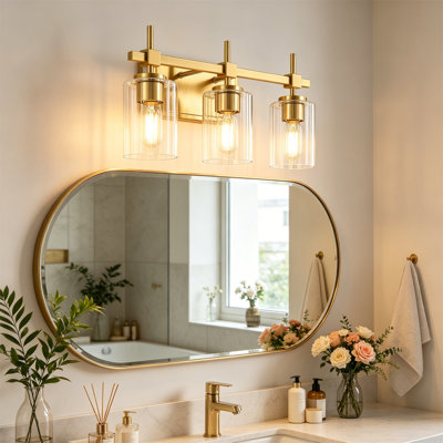 Luminaire de salle de bain 3 lumières, applique murale linéaire moderne avec abat-jour en verre nervuré transparent, luminaire mural contemporain pour couloir de chambre à coucher à miroir