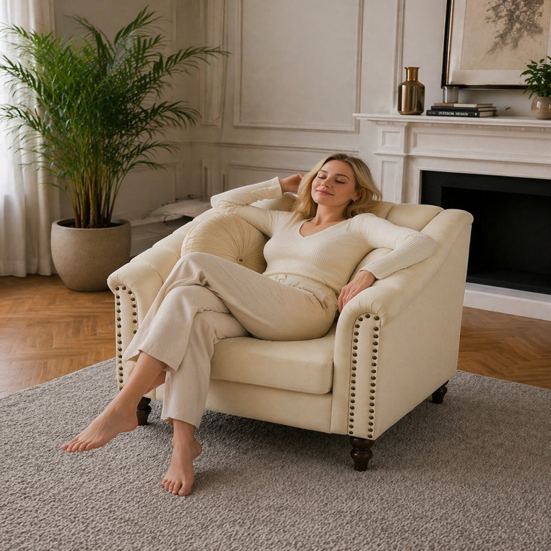 Fauteuil d'appoint tonneau en velours beige avec dossier capitonné, garniture cloutée et pieds tournés en bois, 1 Seat