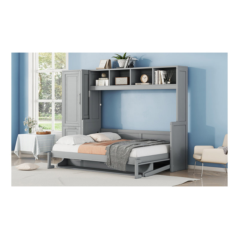 Lit escamotable double pleine grandeur avec placard et tiroirs, gris