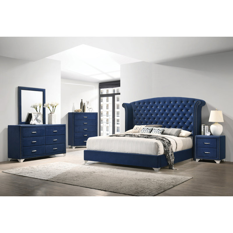 Thoreson Upholstered Wingback Bed, Pacific Blue, King