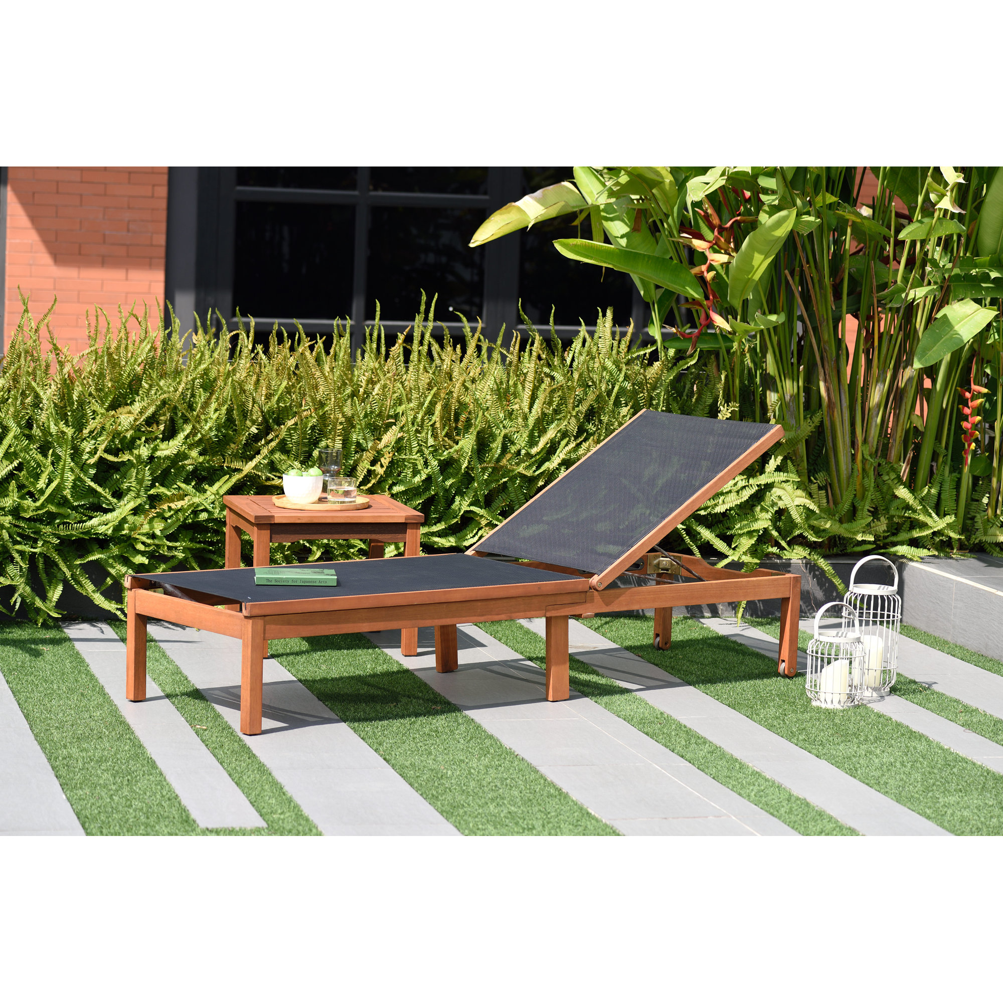 Rafael 23.4'' Outdoor Eucalyptus Chaise Lounge, Black