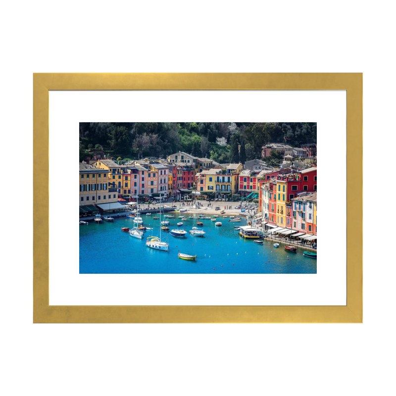 Portofino par Marco Carmassi - publicité imprimée, H 16 po x l 24 po x P 1 po, Papier encadré doré