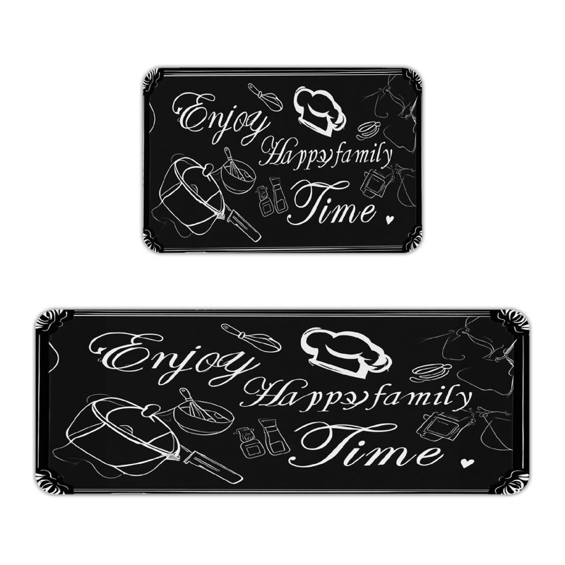 Black Chalkboard Kitchen Utensil Print 2 Pack Kitchen Rugs, Kitchen Family Space