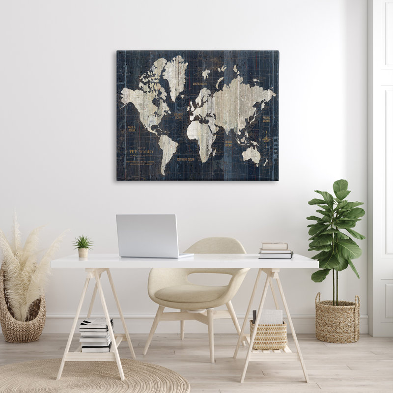 Distressed Antique World Map Canvas Art in Rustic Frame