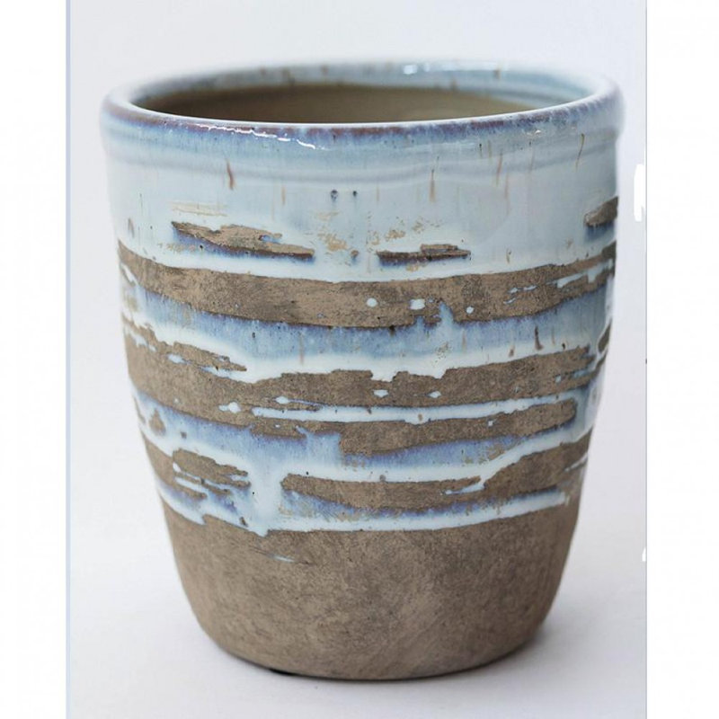 Rustic Brown and Blue Ceramic Striped Planter
