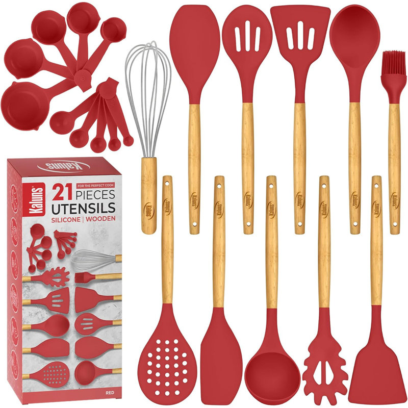 Ensemble d'ustensiles de cuisine en silicone 21 pièces Kaluns - Outils de cuisson antiadhésifs de qualité supérieure avec poignées en bois, résistant à la chaleur jusqu'à 446 ° F