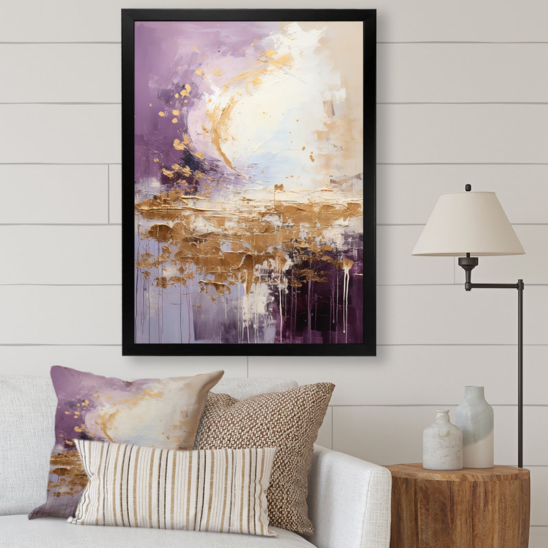 Mauve et or paysage de montagne III - paysages abstraits, art mural pour le salon, Cadre simple noir