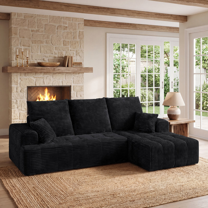 Canapé d'angle modulaire compressé en forme de L de 277 cm (109 po) de large avec méridienne, canapé 2 pièces en velours côtelé avec ressorts ensachés et assise profonde pour salon, aucun assemblage requis, noir