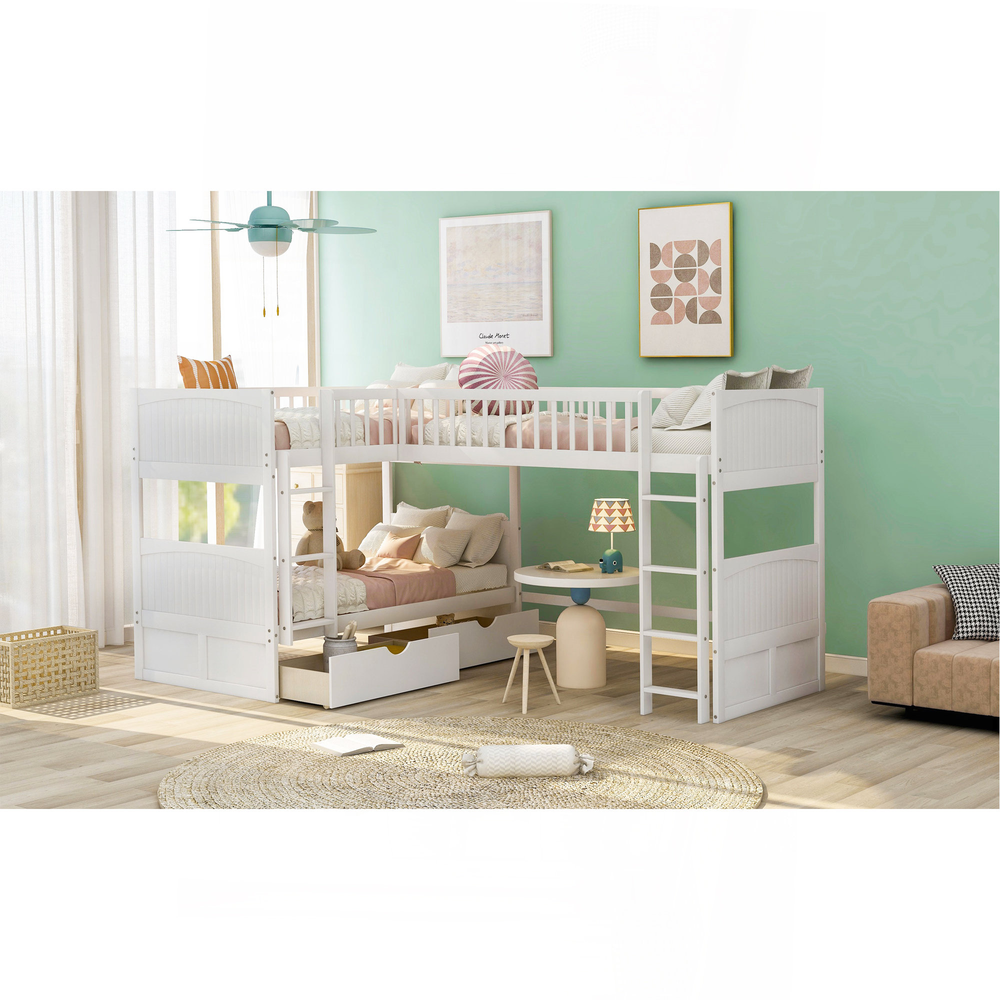 Ebern Designs Twin Size Bunk Bed With A Loft Bed Attached, With Two ...