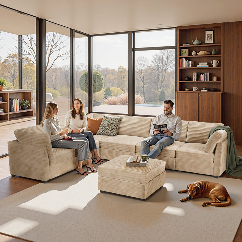 Grand canapé modulaire en forme de L de 130 po avec repose-pieds et canapé modulaire en velours côtelé moelleux pour salon, bureau et chambre à coucher