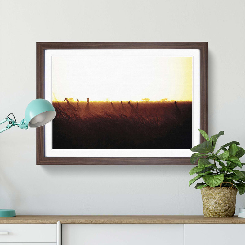 Giraffes at Sunset - Picture Frame Graphic Art Print, Walnut Framed, 62cm H x 87cm W x 2cm D